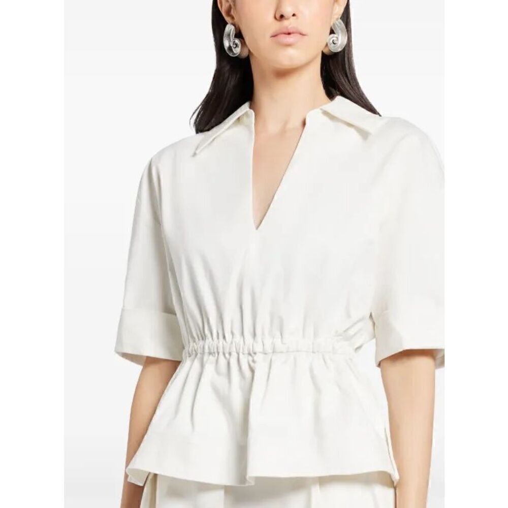 Staud Women's Ivory Short Sleeve Collared Bristol Peplum Hem Blouse Large NWOT